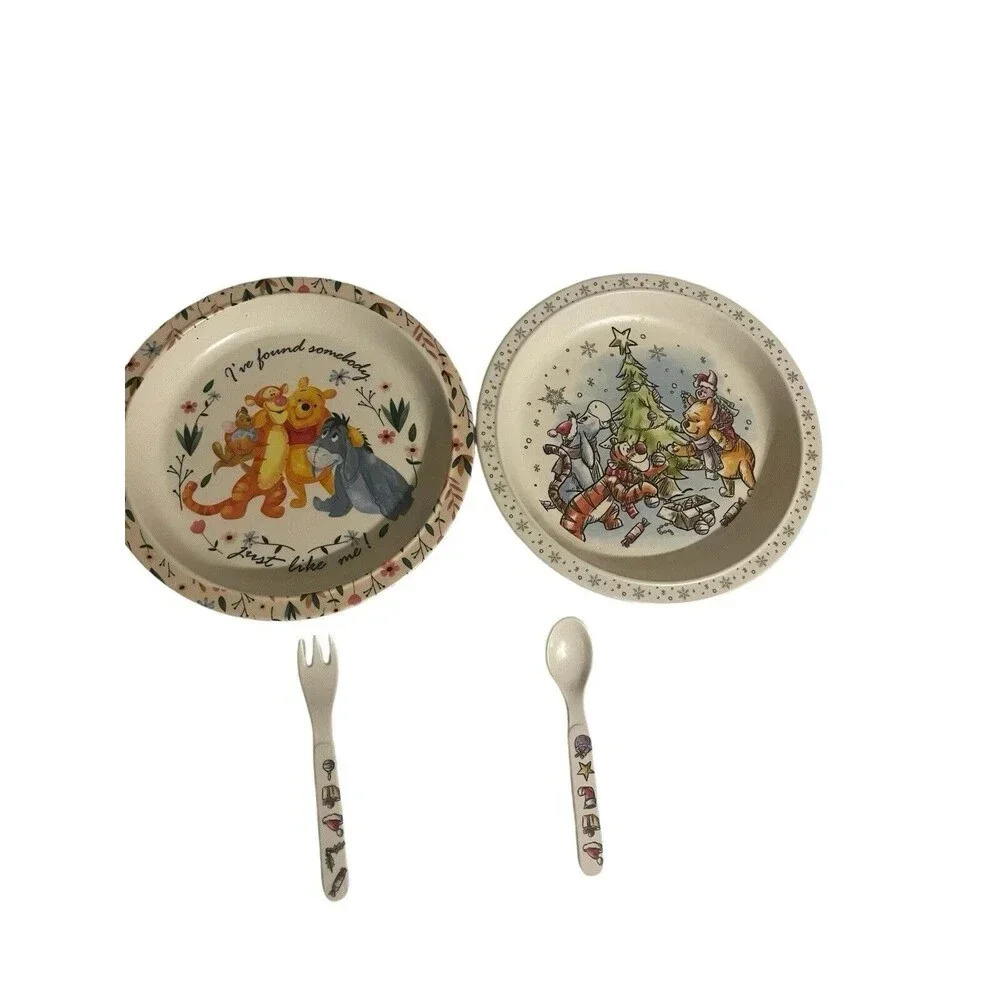 Vintage Disney Winnie The Pooh & Friends 4 Pc Kid's Christmas Dish Set Melamine